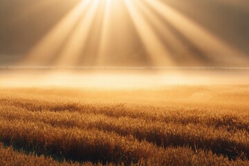 Golden sunrise over a misty field