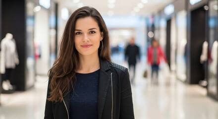 Young Caucasian Female Silhouette in Shopping Mall. Smiling and Holding Phone. Consumerism, Connectivity, Modern Lifestyle. Urban Retail, Happy Shopper.
