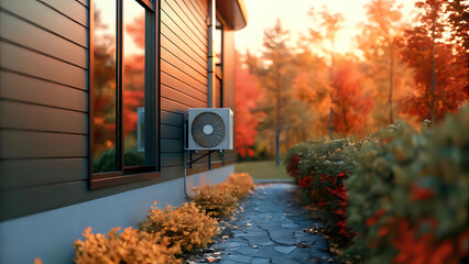 Air conditioner source heat pump installation outside modern house in beautiful autumn garden, exterior unit next to wall with windows - HVAC system, energy efficiency, seasonal home maintenance