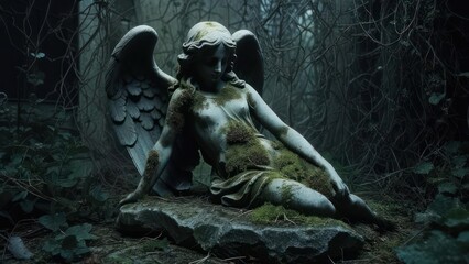 Ancient moss-covered angel statue resting in a dark, mystical forest setting.