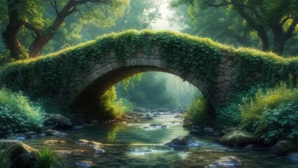 Ancient mossy stone bridge over a tranquil forest stream.