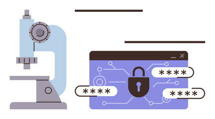 Microscope next to secure digital interface with padlock, circuit lines, and password fields. Ideal for science, innovation, data protection, cybersecurity, research technology and privacy. A