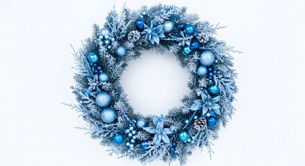 A christmas wreath with blue ornaments and frosted pine branches on a white background circular design