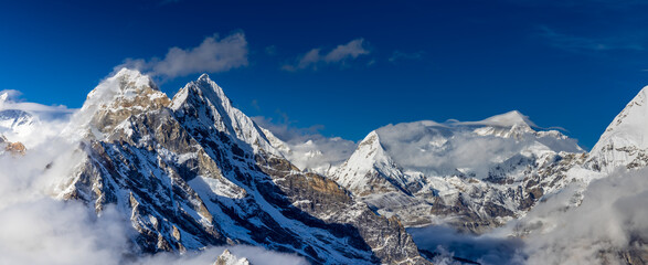 Panorama of Himalaya mountains. High resolution wide angle panoramic scenic view of Himalayas in...