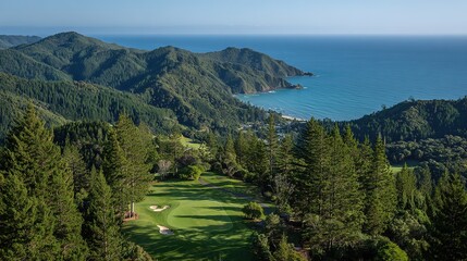 Aerial View Coastal Golf Course, Green Fairways by Mountains and Sea, Luxury Resort Lifestyle, Travel Destination, Scenic Landscape, Recreational Activity