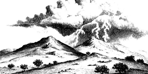 Dramatic storm with lightning over mountain landscape - retro etched design for posters and prints