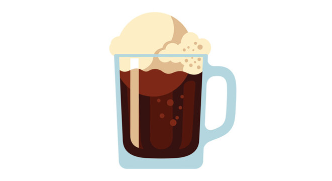 Illustration of a root beer float in a glass mug with creamy vanilla ice cream topping.