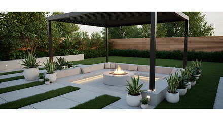 Modern outdoor patio design featuring a concrete fire pit, built-in seating, pergola, and lush landscaping. Clean lines and minimalist aesthetic.