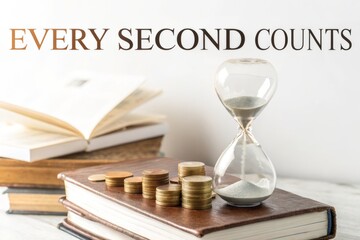 Every Second Counts - Hourglass and Coins on Stack of Books