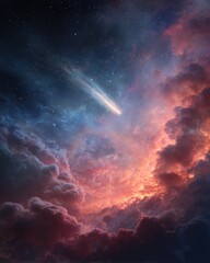 Fototapeta premium Dramatic Comet Soaring Through a Fiery and Blue Celestial Cloudscape.