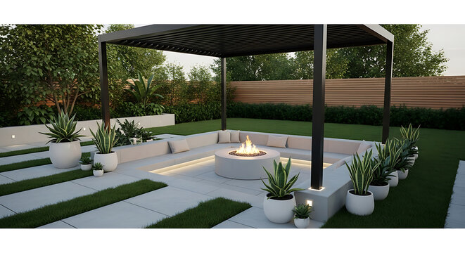 Modern outdoor patio design featuring a concrete fire pit, built-in seating, pergola, and lush landscaping. Clean lines and minimalist aesthetic.