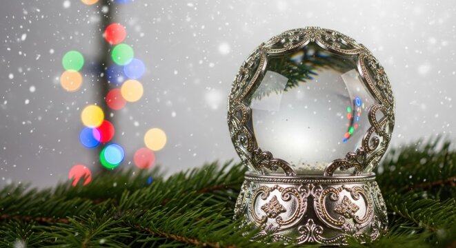Ornate Silver Snow Globe Reflecting Festive Lights on Pine Boughs - Powered by Adobe