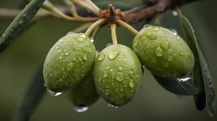 Fresh olives on branch with morning dew drops