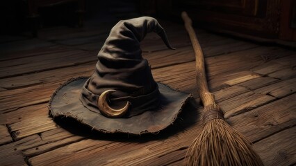 Ancient Witch Hat and Magic Broom on Rustic Wood Floor.