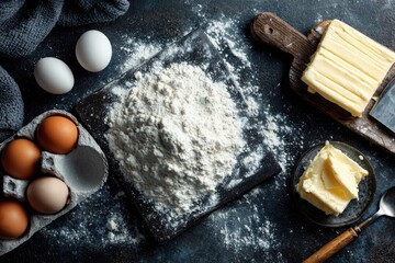 Baking ingredients arranged on a dark surface