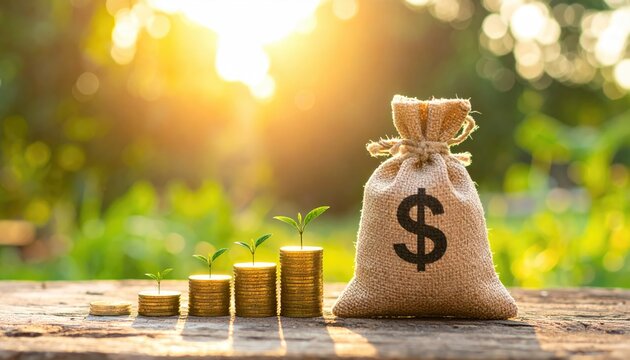 Financial Growth: A symbolic representation of financial growth and prosperity, with stacks of coins representing incremental wealth. A money bag is near the gold coin.