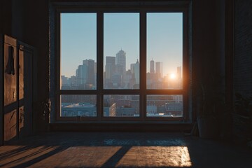 Obraz premium Empty room with city view window at sunrise