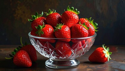 A Burst of Strawberry Delight: Vibrant red strawberries, bursting with freshness, are artfully arranged in a crystal bowl, inviting a sensory experience of taste and visual pleasure. 