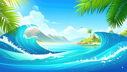 Ocean wave on a summer beach: Capturing the essence of a beautiful summer scene with waves in motion, palm trees framing a sandy beach against a bright blue sky. Evokes feelings of peace and paradise.