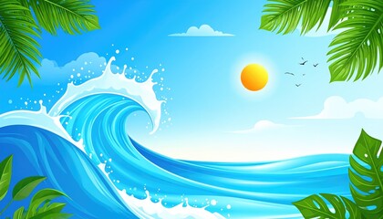 Ocean Wave Illustration: Capturing the power and beauty of nature, this illustration showcases a magnificent ocean wave crashing against the bright blue sky, enhanced with palm leaves and sun. 