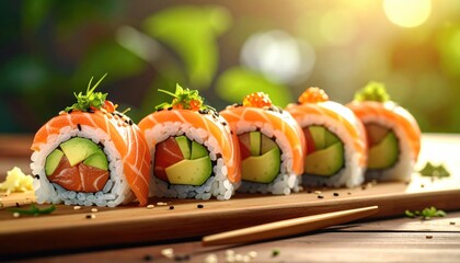 Sushi Rolls with Salmon and Avocado on Wooden Plate