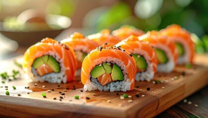 Delectable Sushi: Close-up shot of expertly crafted sushi rolls, showcasing fresh ingredients, a perfect harmony of textures and flavors, artfully presented on a wooden board.