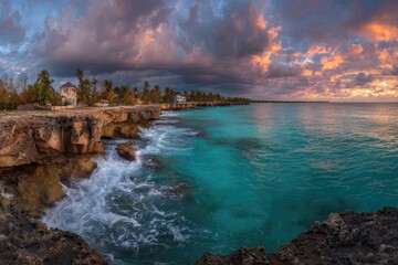 Dramatic sunset over Caribbean coast
