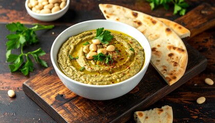 Creamy green dip in a bowl with pita bread