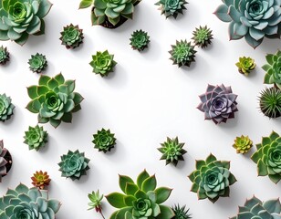 Top-down view of assorted succulents arranged in a seamless geometric pattern, white background, clean negative space, modern stock photo style