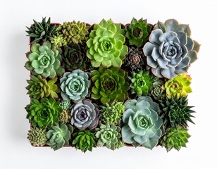 Top-down view of assorted succulents arranged in a seamless geometric pattern, white background, clean negative space, modern stock photo style