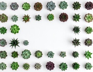 Top-down view of assorted succulents arranged in a seamless geometric pattern, white background, clean negative space, modern stock photo style