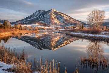 Mountain reflected in tranquil winter lake