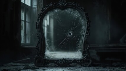 Antique Ornate Mirror in Dark Room.