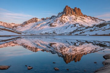Frozen alpine lake reflecting snowy peaks at dawn