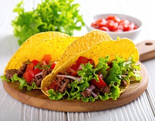 Savory Tacos: A close-up image of freshly prepared, mouthwatering tacos, filled with seasoned ground beef, crisp lettuce, juicy tomatoes, and other vibrant ingredients, ready to be savored.