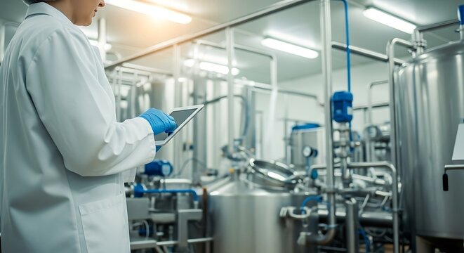 Professional scientist in lab coat and gloves uses tablet to monitor complex industrial machinery and production process in modern manufacturing facility - Powered by Adobe