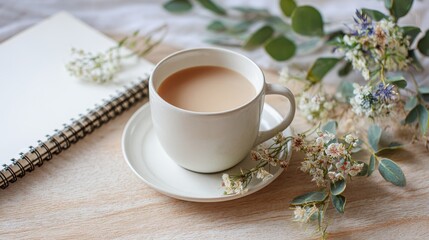 Gentle Morning Light on a Cozy Coffee and Journaling Scene with Rustic Botanicals.