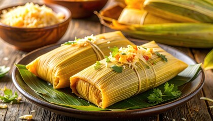 Flavorful Tamales Plated: Two golden tamales, artfully arranged on a rustic plate with fresh banana leaves, sit invitingly. A culinary masterpiece awaits.