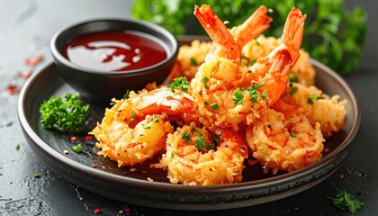 Golden Tempura Shrimps: A plate of delectable golden tempura shrimps served with a vibrant red dipping sauce and garnished with fresh herbs, promising a savory and delightful culinary experience.