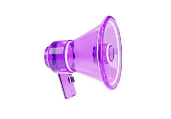 A vibrant purple megaphone, crafted from translucent glass-like material, stands out against a stark black backdrop.