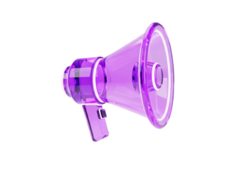A vibrant purple megaphone, crafted from translucent glass-like material, stands out against a stark black backdrop.