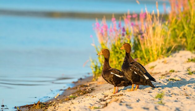 Two ducks on sandy shore near water, bathed in golden sunlight