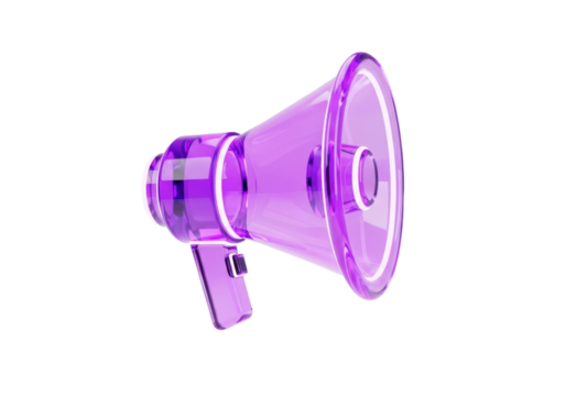 A vibrant purple megaphone, crafted from translucent glass-like material, stands out against a stark black backdrop.