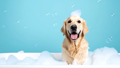 Happy golden retriever in a bubbly bath