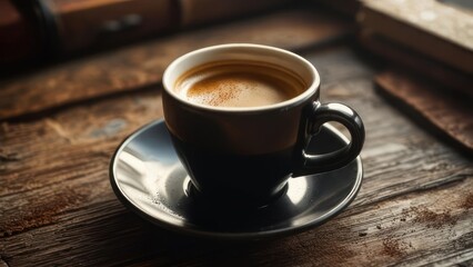 Aromatic Espresso in a Dark Cup on a Rustic Wooden Table.