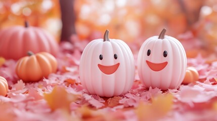 Adorable Smiling Pumpkins in Autumn Leaves