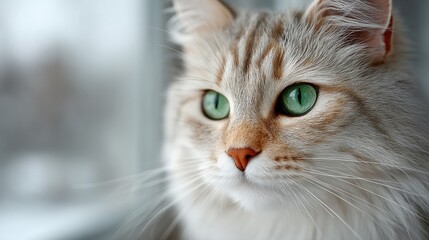 Portrait of a Fluffy Silver Cat with Green Eyes Soft Lighting and White Background