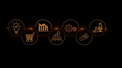 Business Innovation and Growth Strategy Concept. A hand interacts with a digital interface icons symbolizing innovation, data analysis, teamwork, process optimization and business growth.HD video. - Powered by Adobe