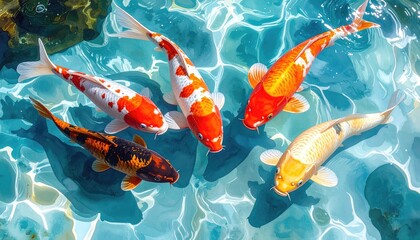 Serene Koi in the Water: A captivating top-down view captures the grace of Koi swimming in clear, turquoise waters, creating a tranquil aquatic scene filled with beauty and balance. 