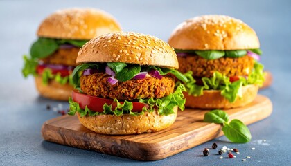 Burger Delight: A mouthwatering trio of burgers, brimming with fresh ingredients, ready to satisfy any craving.